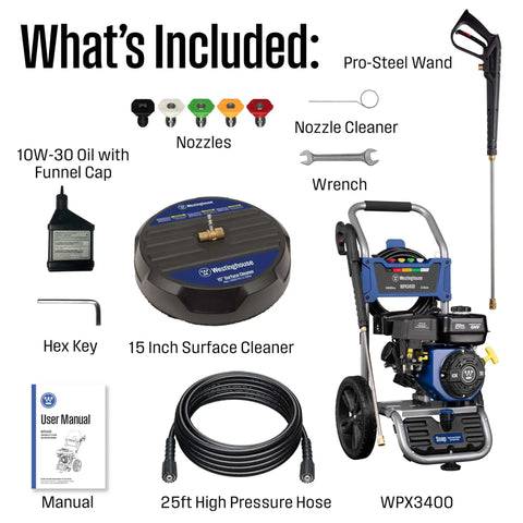 Gas Pressure Washer 3400 PSI 2.6 GPM with 212cc engine, 15 inch surface cleaner, soap tank, nozzles, spray gun and accessories included.
