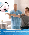Cooling Shoulder Surgery Pillow With Ergonomic Design For Postop Relief with doctor assisting patient in rehab