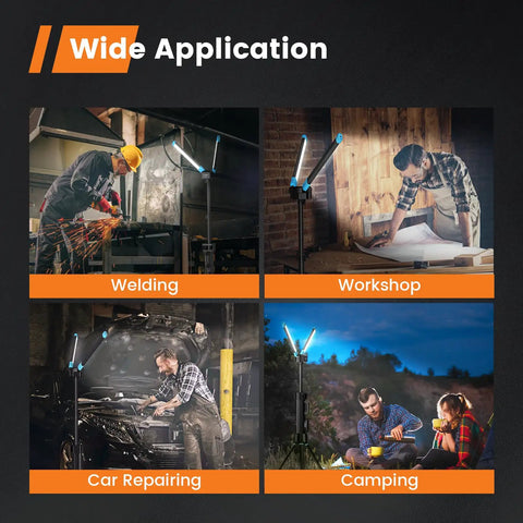 Rechargeable Work Light With Stand, Triple LED Heads For Boss Level Lighting, 8Ah Battery shown in diverse settings: welding, workshop, car repairing, camping.