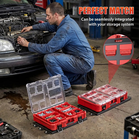 2 Packout Mounting Plates With 100 Lb Load Capacity Heavy Duty Metal Base Fully Compatible With Packout Modular Storage System 48-22-8486 Perfect For Tool Storage And Workshop Organization 2pc Set with red tool boxes