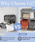 Before and after using Six Colorful Mesh Drawstring Bags Set 14x18 Inch for organized luggage packing with easy lock closure.