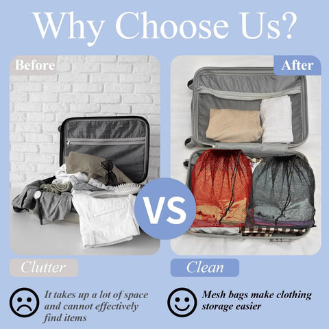 Before and after using Six Colorful Mesh Drawstring Bags Set 14x18 Inch for organized luggage packing with easy lock closure.