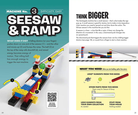 Chain Reactions Design And Build Amazing Moving Machines Kit For Curious Makers And Kid Engineers With Hands On STEM Fun Create Mind Blowing Rube Goldberg Style Setups And Awesome Moving Builds, page showing LEGO seesaw and ramp machine