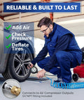 Mechanic using Heavy Duty Tire Inflator With Pressure Gauge And Extra Long Hose on car tire, 100 PSI Capacity