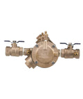 Heavy Duty One Inch Lead Free Y Pattern Rpz Assembly With Corrosion Shield Core Top Shelf No Lead Backflow Preventer showing brass body and ball valve.  