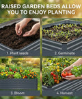 Heavy-Duty Galvanized Raised Garden Bed 6x3x2 Ft for Vegetables showing stages from planting seeds to harvest
