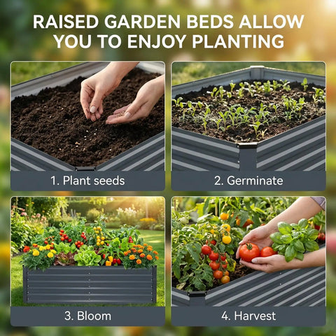 Heavy-Duty Galvanized Raised Garden Bed 6x3x2 Ft for Vegetables showing stages from planting seeds to harvest