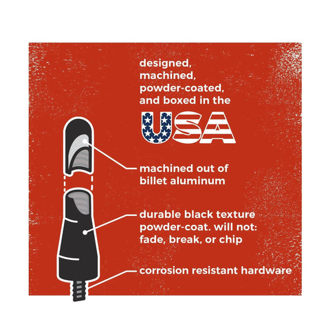 Diagram showing MINI Cooper Stubby Jr Antenna 2 Inch Short Antenna Replacement For 2001 To 2026 Cars, made in USA, billet aluminum.