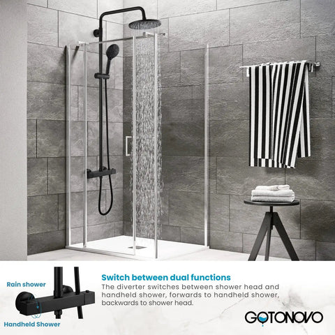 Thermostatic Shower System With 8 Inch Round Shower Head Exposed Shower Faucet Wall Mount Height Adjustable Slide Bar ABS Handheld Sprayer No Tub Spout Polished Chrome in modern bathroom setting.