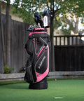 All-In-One 16-Piece Women's Golf Club Set With Titanium Driver, pink cart bag on grass, right-handed size