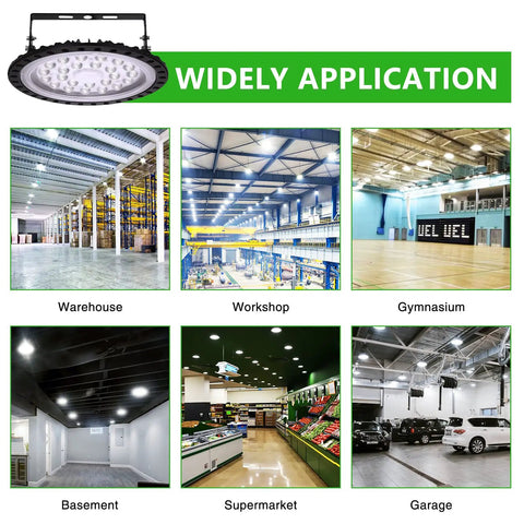 500W UFO LED High Bay Light Pro Grade 50000LM Daylight White 6000K To 6500K in various settings like warehouse and garage