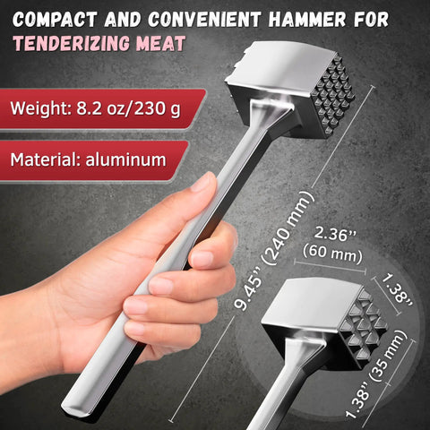 Hand holding dual-sided aluminum meat mallet tenderizer for steaks veal and chicken, two-sided surfaces, ergonomic kitchen pounder