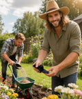 Two men using Wide Compatibility Fertilizer Spreader Agitator Replacement Attachment 9.9x5x3cm in a garden setting