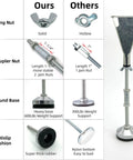 Comparison chart showing Heavy Duty Adjustable Bed Frame Slat Support Legs Steel Bed Feet with wooden base, features and materials.