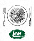 Illustration of a meal with cutlery and LEM logo, unrelated to Stainless Steel Digital Scale With 330 Pound Capacity.