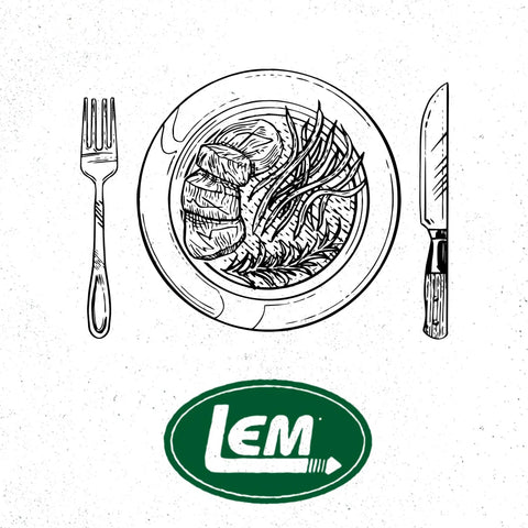 Illustration of a meal with cutlery and LEM logo, unrelated to Stainless Steel Digital Scale With 330 Pound Capacity.