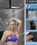 Enga Dual Head Shower System with Jets, 16" + 6" Shower Head with 4 Body Jets, 2-in-1 Handheld Shower Faucet Set, Matte Black in use.