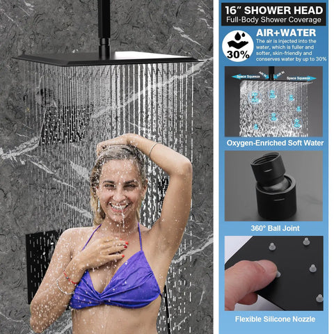 Enga Dual Head Shower System with Jets, 16" + 6" Shower Head with 4 Body Jets, 2-in-1 Handheld Shower Faucet Set, Matte Black in use.