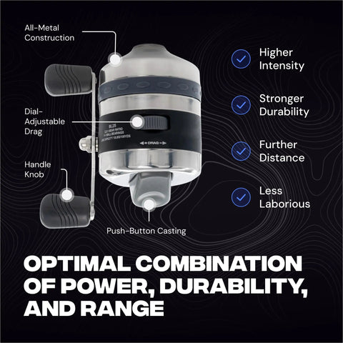 Spincast Bowfishing Reel For Slingshot Bow Fishing Stainless Steel Construction Left Or Right Reversible Handle 3.3 To 1 Gear
