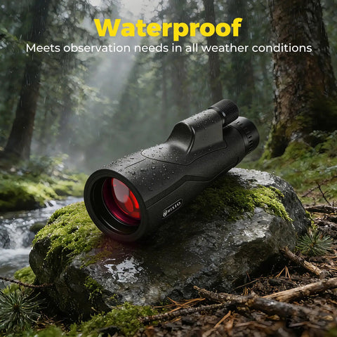15x56 High Power Monocular Telescope with Smartphone Adapter and Tripod on wet rock in forest setting, showcasing waterproof design.