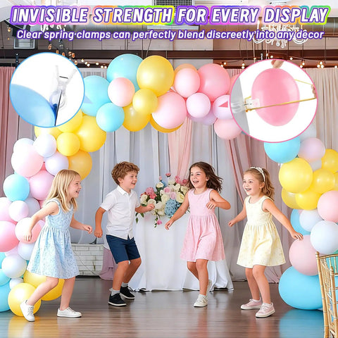 20 Pack Heavy Duty Balloon Arch Clips Plus 100 Multicolored Hot Air Balloons For Instant Birthday Party Setup, Woodworking And Studio Backdrop Spring Clamps That Are Totally Awesome And Ready To Use Right Now. Clear spring clip on pastel balloon arch at party backdrop