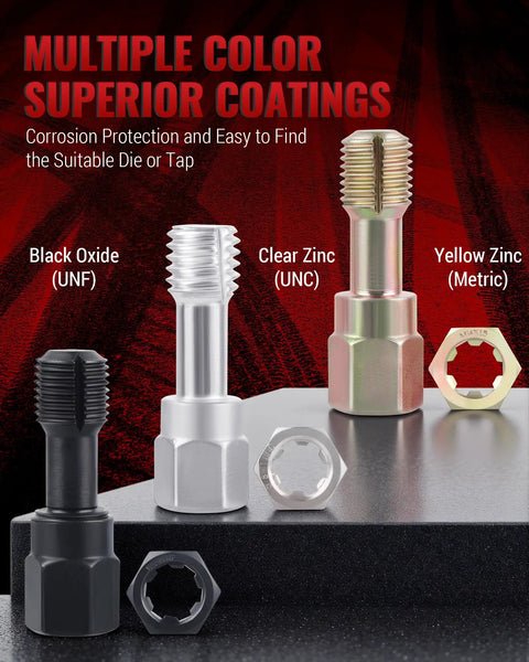 Pro Grade Thread Repair Kit with black oxide, clear zinc, yellow zinc thread taps and dies for UNC UNF Metric threads.