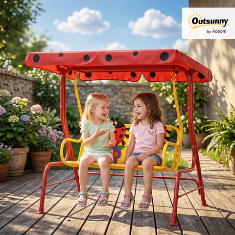 Kids Patio Swing Bench With Adjustable Canopy And Safety Belt 2-Seater Outdoor Swing Chair With Fun Ladybug Pattern