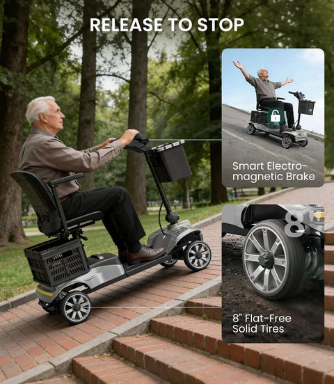 Go-To Long Range Folding Mobility Scooter For Seniors And Adults, 28.5 Mile Electric Power Ride, 265 Lbs Capacity, Smart Electromagnetic Brake, 8 Inch Puncture-Proof Wheels All Day Comfort Easy Fold Portable Design Silver showing man riding on park path with features highlighted.