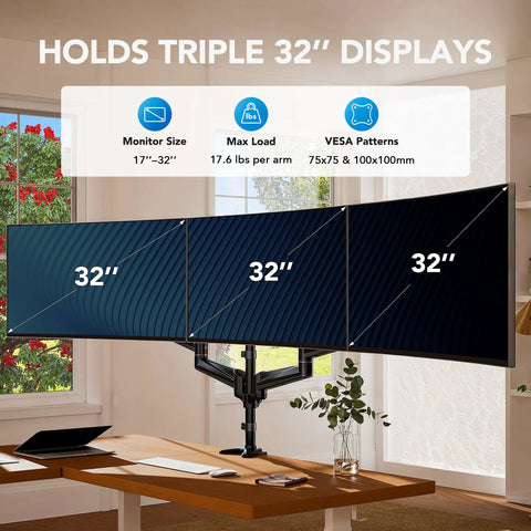 Triple Monitor Desk Mount Stand For 17 To 32 Inch Screens With Adjustable Swivel Tilt Rotation Clamp And Grommet Kit on a wooden desk