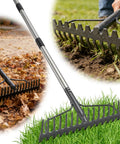 2-In-1 49 Inch Metal Garden Rake For Weeding And Loosening Soil Digs Deep Rakes Leaves Breaks Up Compacted Dirt Levels Stones Spreads Mulch And Gravel 17-Tine Heavy Duty Adjustable Rake For Yard Work in use on grass, soil, and leaves