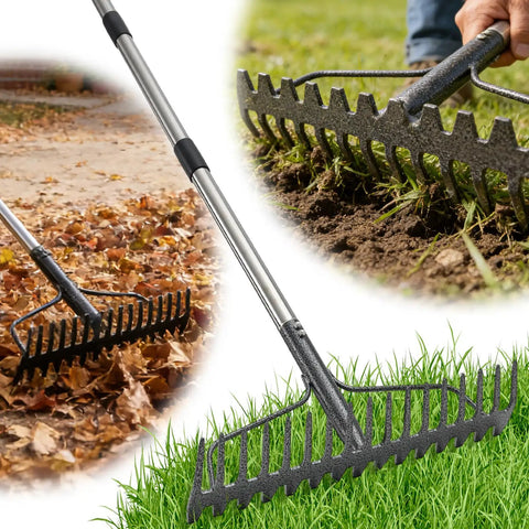2-In-1 49 Inch Metal Garden Rake For Weeding And Loosening Soil Digs Deep Rakes Leaves Breaks Up Compacted Dirt Levels Stones Spreads Mulch And Gravel 17-Tine Heavy Duty Adjustable Rake For Yard Work in use on grass, soil, and leaves