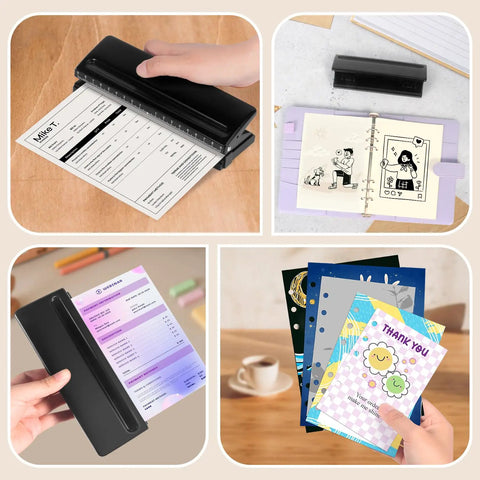 Collage showing Rugged 6 Hole Paper Puncher with adjustable ring spacing for A5, A6, A7 formats, punching sheets, black.