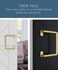 Troy Pull Handle N700-105 For Interior Sliding Barn Doors 8 Inch Brushed Gold Finish on white and black wood doors