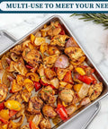 Heavy Duty Aluminum Baking Sheet Pan Set 26 By 18 Inches 6 Pack Commercial Quality Cookie Trays with roasted vegetables