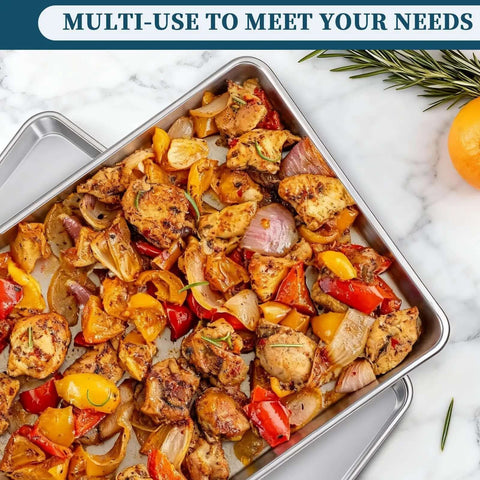 Heavy Duty Aluminum Baking Sheet Pan Set 26 By 18 Inches 6 Pack Commercial Quality Cookie Trays with roasted vegetables