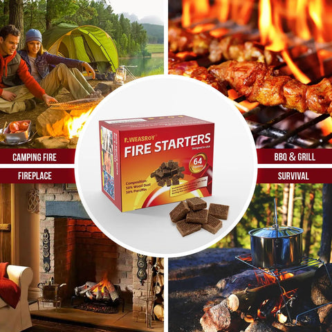 Grillin Ready Fire Starters for Fireplace and Grill, 64 squares pack, paraffin and sawdust, camping, BBQ, and wood stoves display.