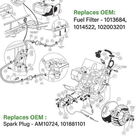 Diagram detailing replacement parts for Fresh Golf Cart Tune Up Kit For Club Car Ds Gas Carts With Fe290 Fe350 Engines.