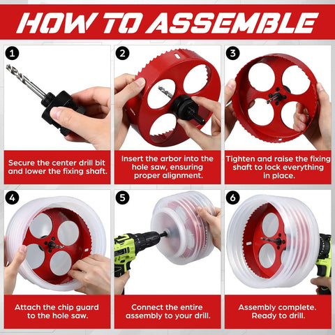 Step by step assembly of the 6-1/8 Inch Hole Saw Kit For Recessed Lights And Can Lights With Dust Bowl Dust Collection.
