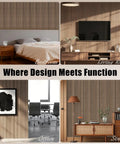 Level Up Your Studio Vibe With These 4 Pack 3D Wood Slat Wall Panels In Natural Walnut For Acoustic Sound Absorbing Home Office Decor That Completely Slays And Kills Room Echo in bedroom, living room, office, and study settings.