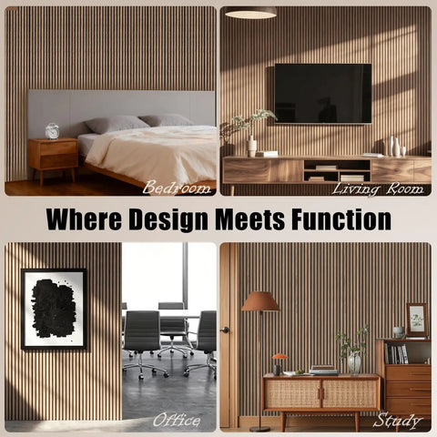 Level Up Your Studio Vibe With These 4 Pack 3D Wood Slat Wall Panels In Natural Walnut For Acoustic Sound Absorbing Home Office Decor That Completely Slays And Kills Room Echo in bedroom, living room, office, and study settings.
