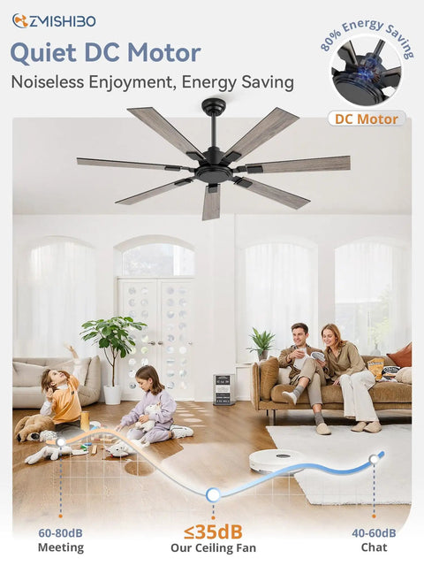 60 Inch Ceiling Fan No Light With Remote Black Modern Design Quiet DC Motor 6 Speeds 7 Blades installed in a living room