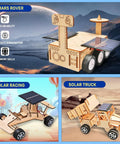 Three wooden models from the 6-In-1 Solar Powered STEM Building Kit For Kids: Mars rover, solar racing car, and solar truck.