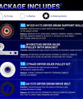 High Grade Dryer Repair Kit Featuring Smooth Idler Pulley Replacement And Tough Four Rib Drum Belt For 27 And 29 Inch Machines, Includes support roller and idler pulley.