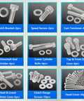Assorted hardware from Raptor 660R Hardware Kit 176 Pcs 304 Stainless Steel Bolts Nuts Screws Washers for Yamaha YFM660R 2001-2005.