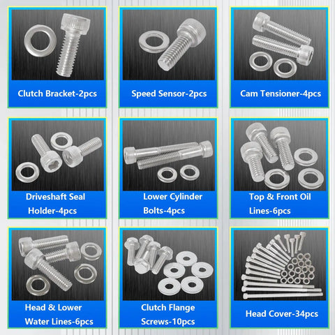 Assorted hardware from Raptor 660R Hardware Kit 176 Pcs 304 Stainless Steel Bolts Nuts Screws Washers for Yamaha YFM660R 2001-2005.