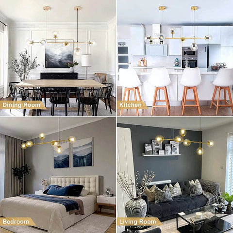 Four views of Six Light Gold Sputnik Chandelier With Glass Shades in dining room, kitchen, bedroom, and living room settings.
