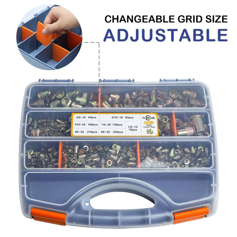 880 Piece Rivet Nut Kit With 6-32 8-32 10-24 1/4-20 5/16-18 3/8-16 1/2-13 Carbon Steel Yellow Zinc Plated in adjustable case.