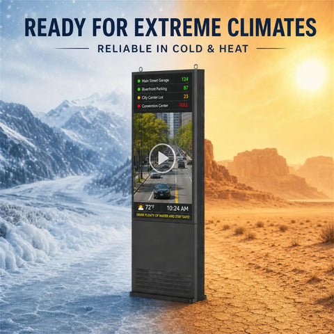 55 Inch Outdoor Digital Signage Kiosk With 3000 Nits Sun Crushing Lcd Display in dual climate setting, displaying parking info.