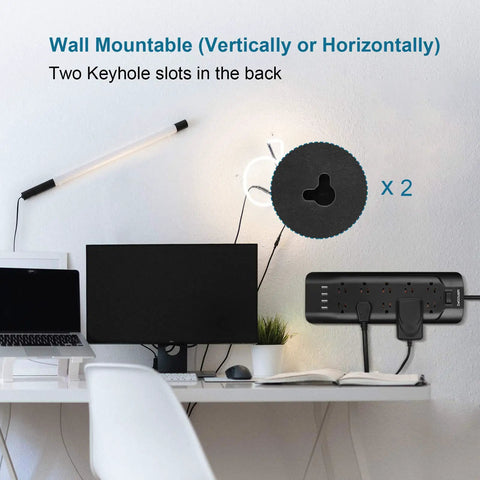 Wall-mounted two prong to three prong power strip with 6 ft extension cord, 10 AC outlets, 4 USB ports, black, at a desk