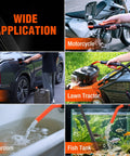 Battery Powered Fuel Transfer Pump 2.2 GPM Portable Gasoline Siphon Pump transferring fuel from a car, motorcycle, and lawn tractor.